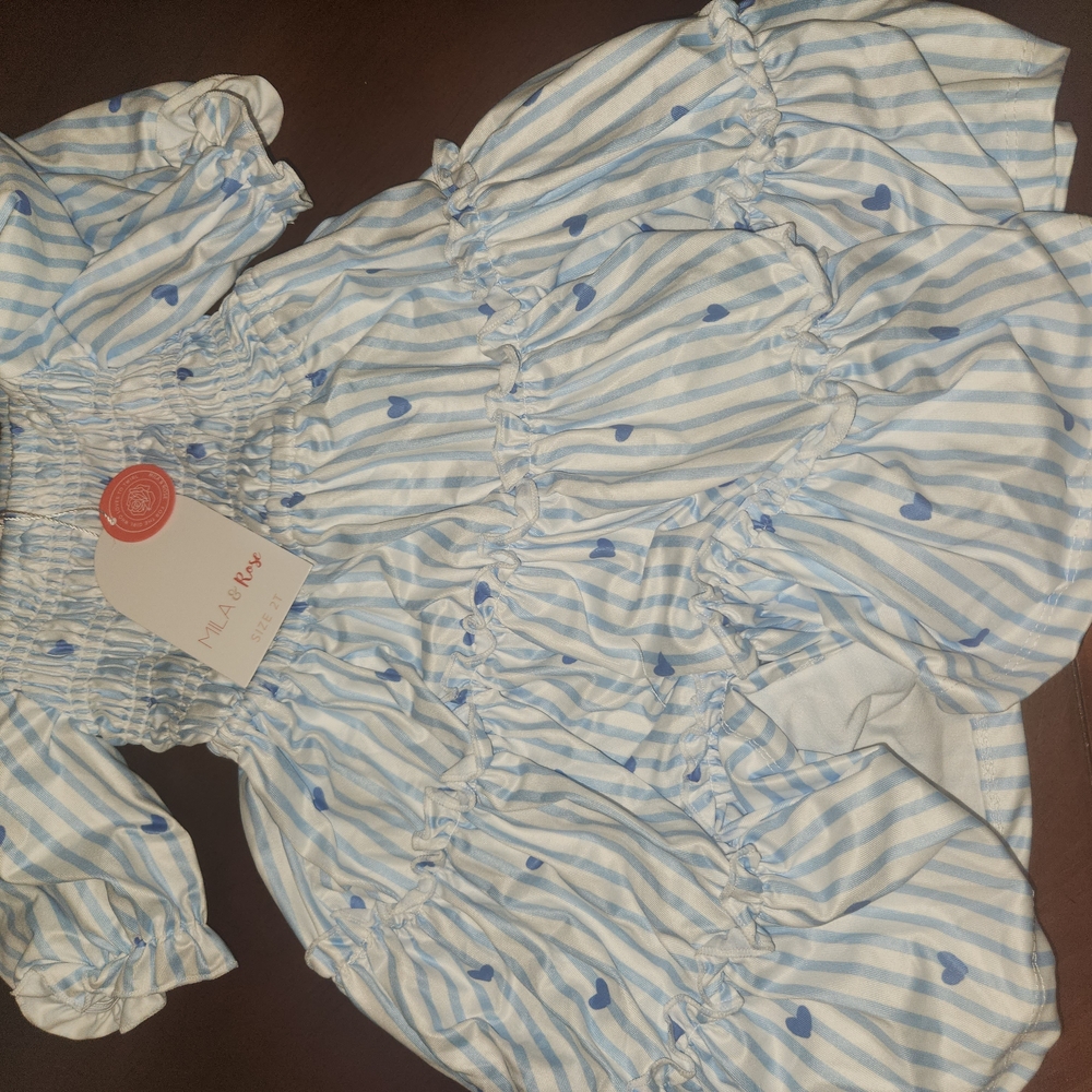 M&D Play Blue & White Striped Heart Smocked Kids Dress